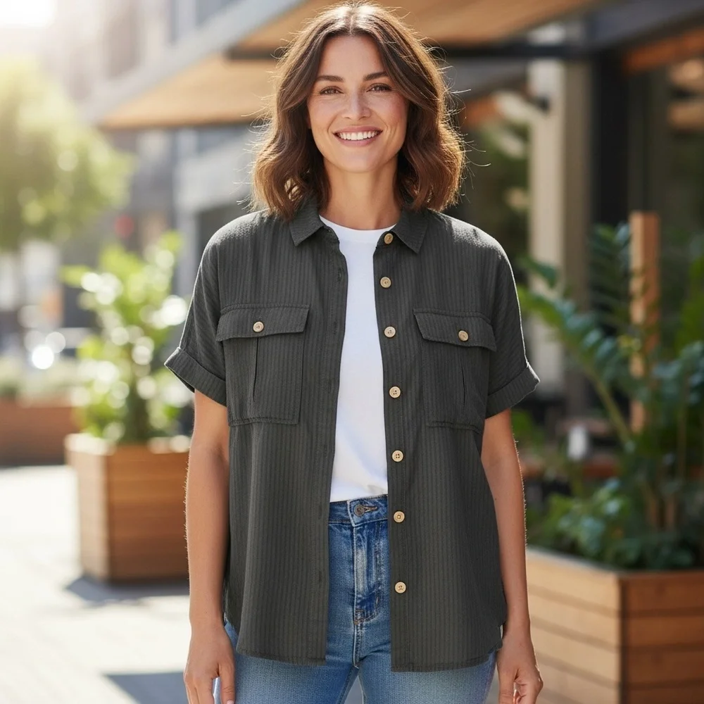 a.n.a Charcoal Button-Down Shirt - Picture 2 of 3